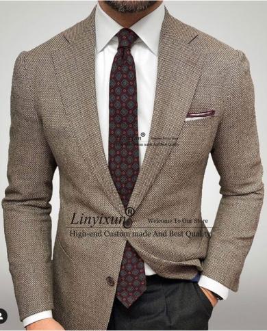 Men Suits Tweed Slim Fit 2 Piece Set Formal Business Blazer Classic Wedding Groom Tuxedo Party Prom Jacket Pants Terno M