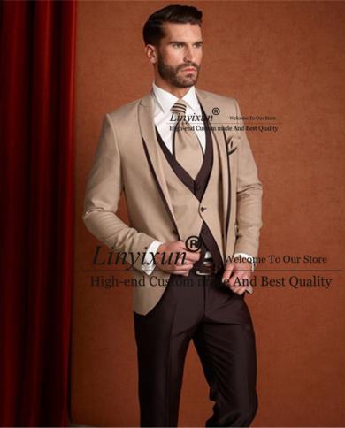 Classic Beige Men Suits Formal Business Blazer Slim Fit Wedding Groom Tuxedo Evening 3 Piece Set Jacket Vest Pants Costu