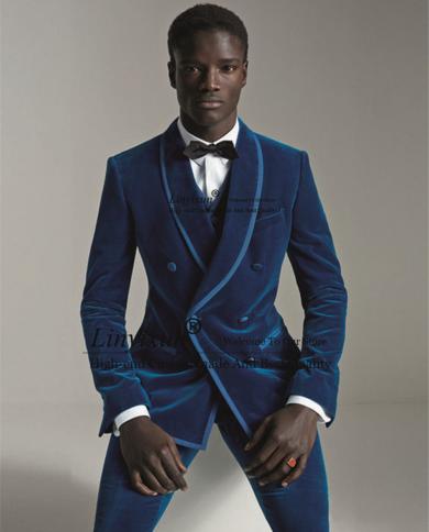 Fashion Royal Blue Velvet Mens Suit Double Breasted Slim Fit Wedding Groom Tuxedo Prom Party Blazer 3 Piece Set Terno Ma