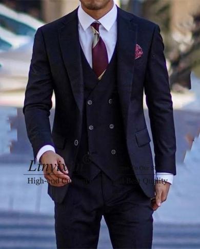 Fashion Navy Blue Mens Suits 3 Piece Set Formal Business Blazer Slim Fit Wedding Groom Tuxedo Terno Masculino Jacket Ves