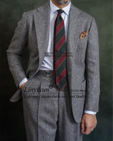 Fashion Winter Grey Herringbone Tweed Men Suits Slim Fit Wedding Tuxedo 2 Piece Set Business Blazer Terno Masculino Jack