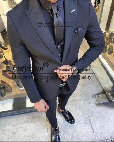 Handsome Black Mens Suits Wedding Groom Tuxedo Slim Fit Formal Business Prom Blazer 3 Piece Set Jacket Vest Pants Costum