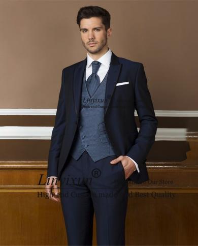 Handsome Navy Blue Mens Suits Wedding Groom Tuxedo Slim Fit Formal Business Blazer 3 Piece Set Jacket Vest Pants Costume