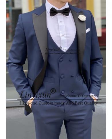 Handsome Navy Blue Mens Suits Peak Lapel Wedding Groom Tuxedo Best Man Blazer Slim Fit Terno Masculino 3 Piece Jacket Ve