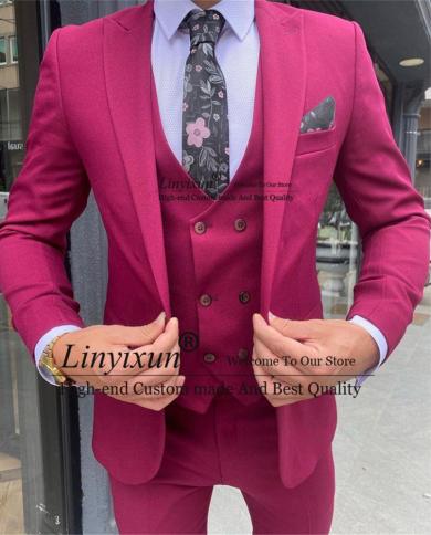 Fashion Mens Suits Wedding Groom Tuxedo Slim Fit Groomsmen Suit 3 Piece Set Banquet Blazer Jacket Vest Pants Costume Hom