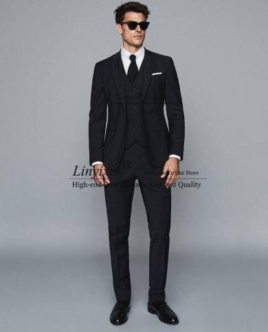 Handsome Black Suits For Men Business Blazer Hombre Wedding Groom Tuxedo Slim Fit Daily 3 Piece Jacket Vest Pants Costum
