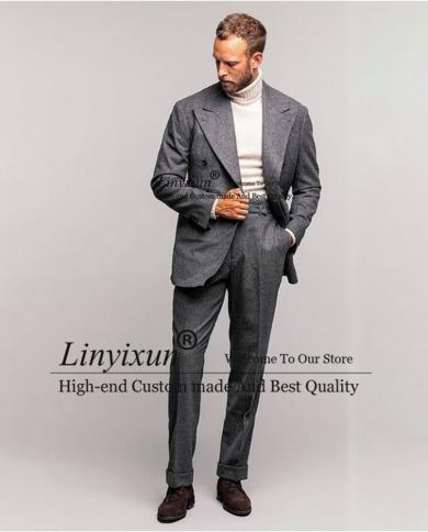 Classic Mens ​suits Woolen Double Breasted Business Blazer Slim Fit Wedding Groom Tuxedo 2 Piece Set Costume Hommejac
