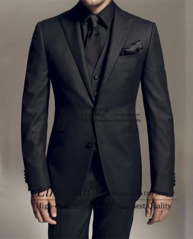 Handsome Black Mens Suits 3 Piece Set Peak Lapel Business Blazer Slim Fit Wedding Groom Tuxedo Terno Masculino Jacket Ve