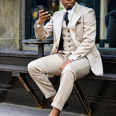Beige Men Suits 3 Pieces Peak Lapel Slim Fit Costume Homme Groom Tuxedo Wedding  Prom Suit Terno Masculino Blazer+vest+p