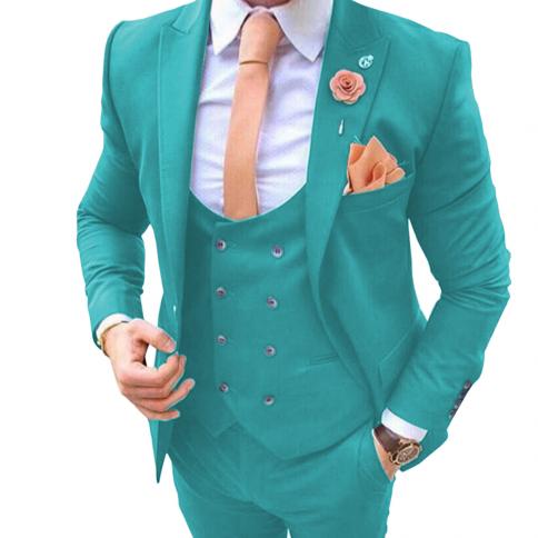 Casual Men's Suits Slim Fit 3 Pieces Wedding Groom Tuxedos Blazer Tux Vest Trousers Prom Suit Turquoise 2022 New