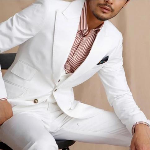 White Groom Tuxedo For Wedding 3 Piece Slim Fit Men With Peaked Lapel Casual Male Fashion Clothes Set Jacket Vest Pant C