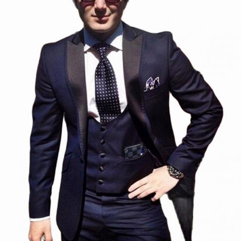 Navy Blue Groom Tuxedo 3 Piece Man Fashion Suits With Peaked Lapel Custom Waistcoat Male Set Jacket Pants Wedding Costum