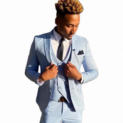 Blazer Sets Sky Blue Wedding Groom Men Suits 3 Pcs Peak Lapel Costume Homme Marriage Tuxedo Slim Fit Man Blazer Jacket+p