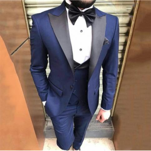 Blue Men Suits For Wedding Black Peaked Lapel Groom Tuxedos Man Blazer 3 Piece Slim Fit Male Jacket Pants Vest Costume H