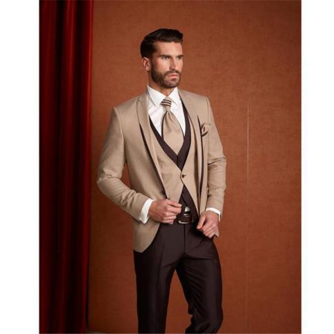 Men's Suits & Blazers Custom Men Suit Beige Brown Classic Formal Slim Fit Blazer 3 Piece (jacket+pants+vest)