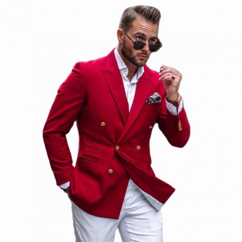 Red Double Breasted Men's Suit Peaked Lapel Blazers Custom Made Male Tuxedos Groom Wear Two Pieces Prom Jacket And White