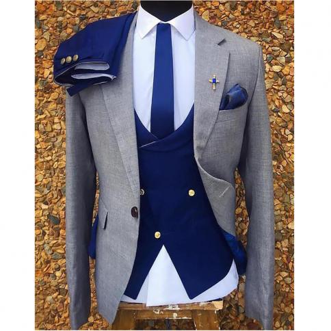 Gray Formal Groom Tuxedo For Wedding Slim Fit Italian Men Suits With Royal Blue Pants Waistcoat Male Fashion Costume Jac