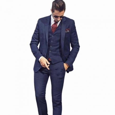 Three Pieces Navy Blue Men Suits 2022 Custom Made Two Button Groom Wear Slim Fit Wedding Suits For Men(blazer+vest+pants