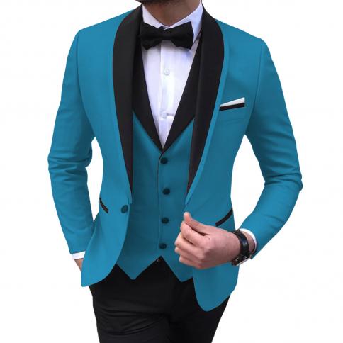 Blue Slit Mens Suits 3 Piece Black Shawl Lapel Casual Tuxedos For Wedding Groomsmen Suits Men 2022 (blazer+vest+pant)  S