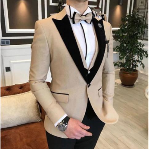 2022 Customize Design Beige Men Wedding Tuxedos Peak Lapel One Button Groom Tuxedos Men Wedding Dress Wear (jacket+pants