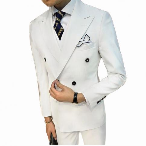 White Business Men Suit Grooming Slim Fit Suits Wedding Men Double Breasted Tuxedo 3 Pieces Custom Suits (jacket+vest+pa