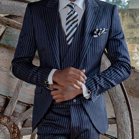 Navy Blue Stripe Fashion Men Suits Wedding Party Blazer Sets Groomsmen Wear Casual Custom Made Tuxedo 3 Piece Jacket+pan