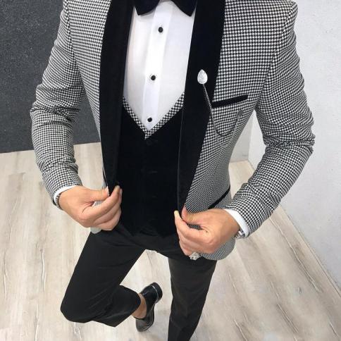 3 Pieces Mens Suits Grey Slim Fit Business Retro Classic Houndst Groom Tweed Wool Tuxedos For Wedding (blazer+pants+vest