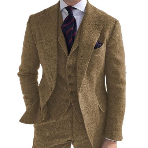 Gray Wool Tweed Winter Men Suit's For Wedding Formal Groom Tuxedo Herringbone Male Fashion 3 Piece (jacket +vest +pants+