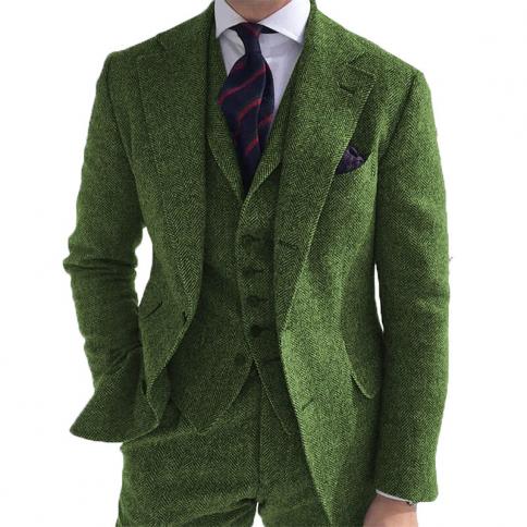 Gray Wool Tweed Winter Men Suit's For Wedding Formal Groom Tuxedo Herringbone Male Fashion 3 Piece (jacket +vest +pants)