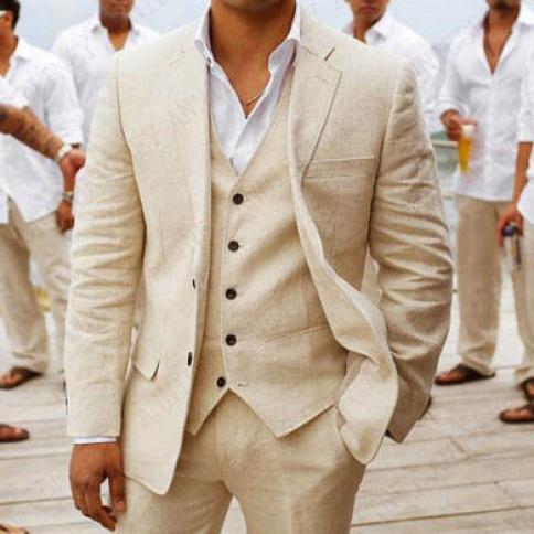 Classic Beige Linen Men Suits Summer Beach Wedding Suit Custom Groom Best Man Prom Party Tuxedo Set Slim Fit Jacket Vest