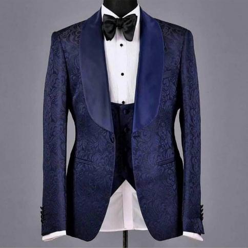 Navy Blue Floral Jacquard Groom Tuxedo For Wedding Slim Fit 3 Piece Men Suit Jacket Waistcoat With Black Pants Man Fashi