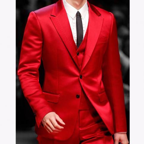 2023 Slim Fit Red Men Suits For Prom Singer Stage 3 Piece Satin Wedding Groom Tuxedo Male Fashion Jacket Waistcoat With 