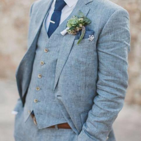 Spring Summer Custom Made Light Blue Linen Men Suits Wedding Suits Slim Fit 3 Pieces Tuxedos Best Man Suits (jacket+pant