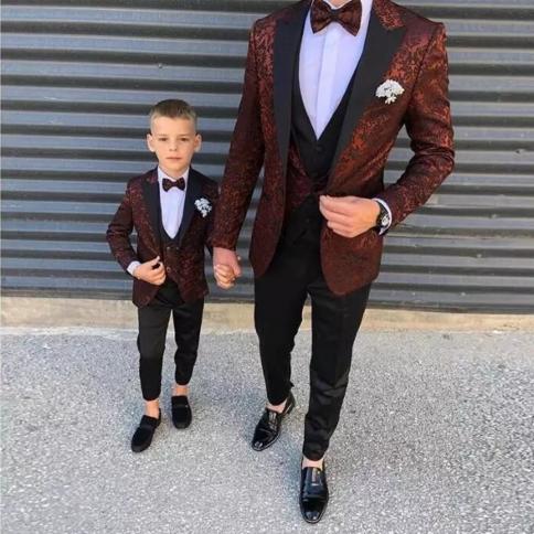 2023 New Burgundy Pattern Boy Mens Suits Slim Fit Wedding Groom Tuxedos Peaked Lapel Formal Blazer Prom Suit(jacket+pant
