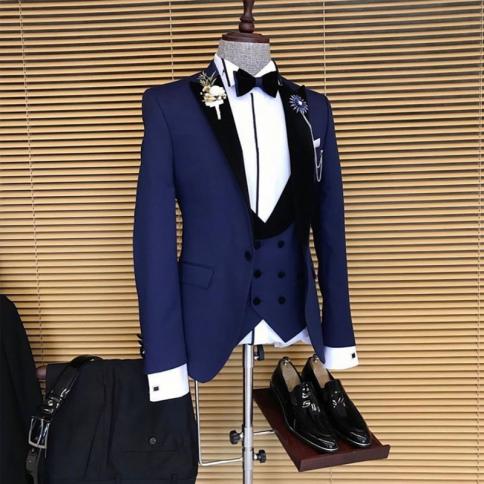 Blue Wedding Suits For Men Slim Fit Tuxedo 3 Pieces Male Fashion Jacket With Black Pants Double Breasted Waistcoat New S