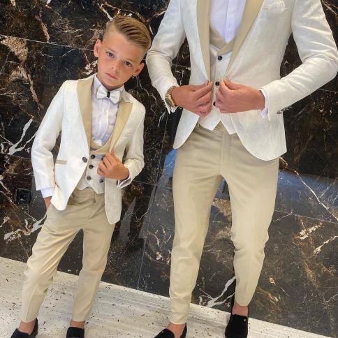 Her And Son Men Suits Groom Tuxedos 3 Pieces Cream White Floral Pattern Slim Fit Cocktail Party Business Suits Custom Ma