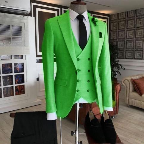 New Luxury Green Double Breasted Vest Costume Homme Men Suits For Wedding Groom Prom Best Man Blazer Masculino Slim Fit 