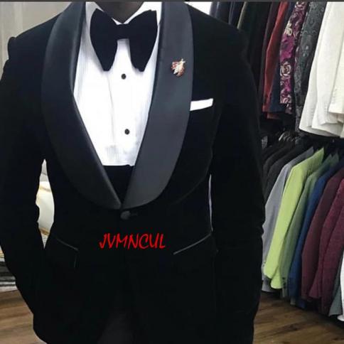 New Black Velvet Costume Homme Men Suits 3 Pcs Shawl Lapel Grooms Wedding Tuxedos Terno Masculino Slim Fit Prom Jacket+p