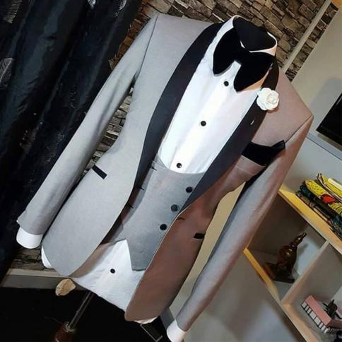 טוקסידו חתונה רשמי אפור לשושבינים חליפות sim fit לגברים 3 חלקים עם דש צעיף שחור מותאם אישית תחפושת אופנה לגבר ג'ק