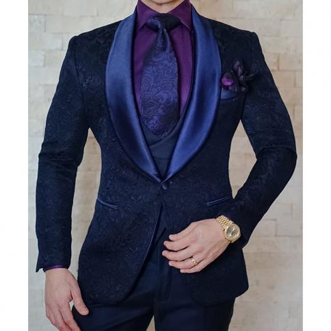 חליפות ג'קארד פרחוני כחול כהה גברים בגזרה דקיקה עם דש צעיף טוקסידו חתונה מותאם אישית 3 חלקים לשושבינים 2023 פאש גברים