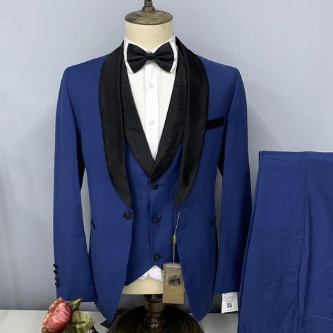 בלייזר לחתונה חליפת גברים צעיף שחור סט נשף בחזה יחיד כחול כהה slim fit chaleco hombre 2023 terno סטיה בהתאמה אישית