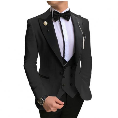 אופנה גברים חליפת אפוד מכנסיים ג'קט שלושה חלקים דש שחור פסגות תחפושת חד חזה homme ביגוד חתונה slim fit