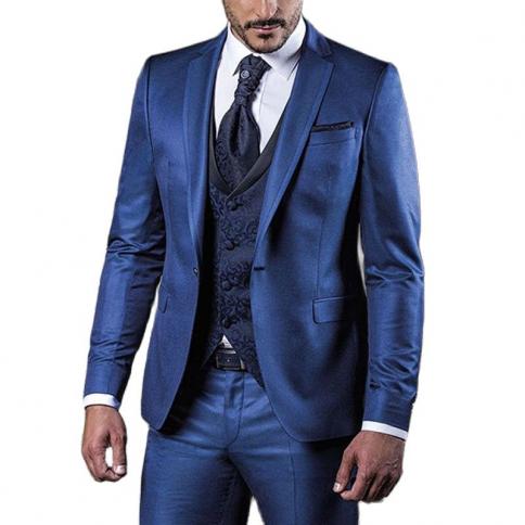 Trajes de boda azules para hombre, chaleco ajustado con estampado Floral, esmoquin Formal para novio de 3 piezas, chaqueta de mo