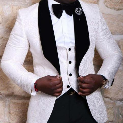 3 חלקים slim fit חליפות גברים קז'ואל פרחוני אקארד טוקסידו חתן לבן עם מכנסיים שחורים תחפושת אופנה לגבר אפריקאי בהתאמה אישית
