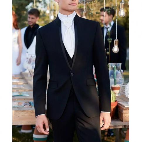 Trajes negros ajustados para hombre con cuello levantado para cena, esmoquin para novio de boda, chaqueta de moda masculina con 