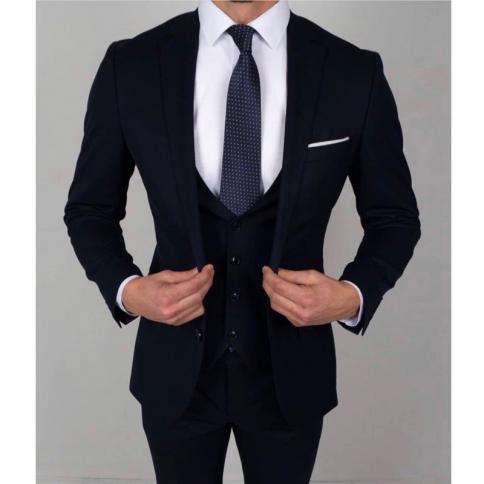 Trajes de hombre ajustados de color azul marino oscuro, 3 piezas, esmoquin de boda para novio, chaqueta masculina, chaleco con p