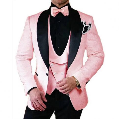 Esmoquin de boda de Jacquard Floral rosa para novio, chal con solapa, 3 piezas, trajes ajustados para hombre, chaqueta de moda p