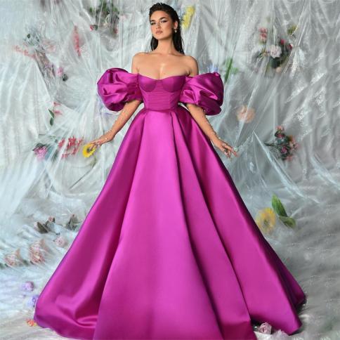 Pink Satin Elegant Formal Evening Dresses Off Shoulder Pleats Backless Puff Sleeves Prom Dress Pageant Party Gowns No Gl