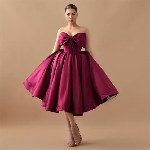 Burgundy Satin Formal Evening Dresses Off Shoulder Bow A Line Backless Occasional Prom Dress Tea Length Homecoming Party
