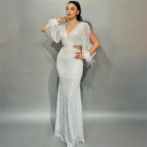  Glitter Bodycon Evening Dresses V Neck Shiny Pageant Mermaid Backless Prom Dress Feathers Floor Length Bride Party Gown
